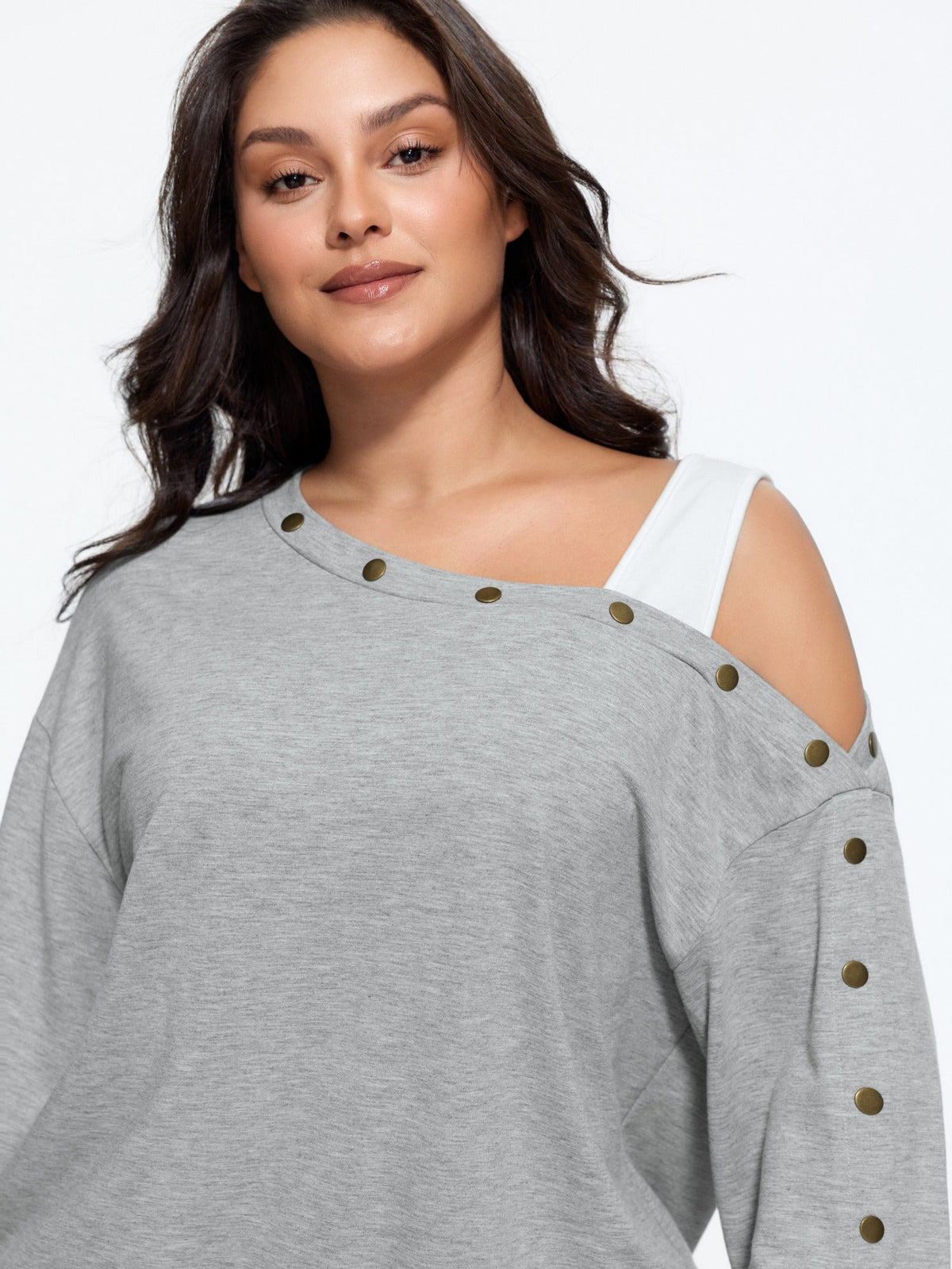 Cotton One‑Shoulder Metal Rivet Decor Sweatshirt