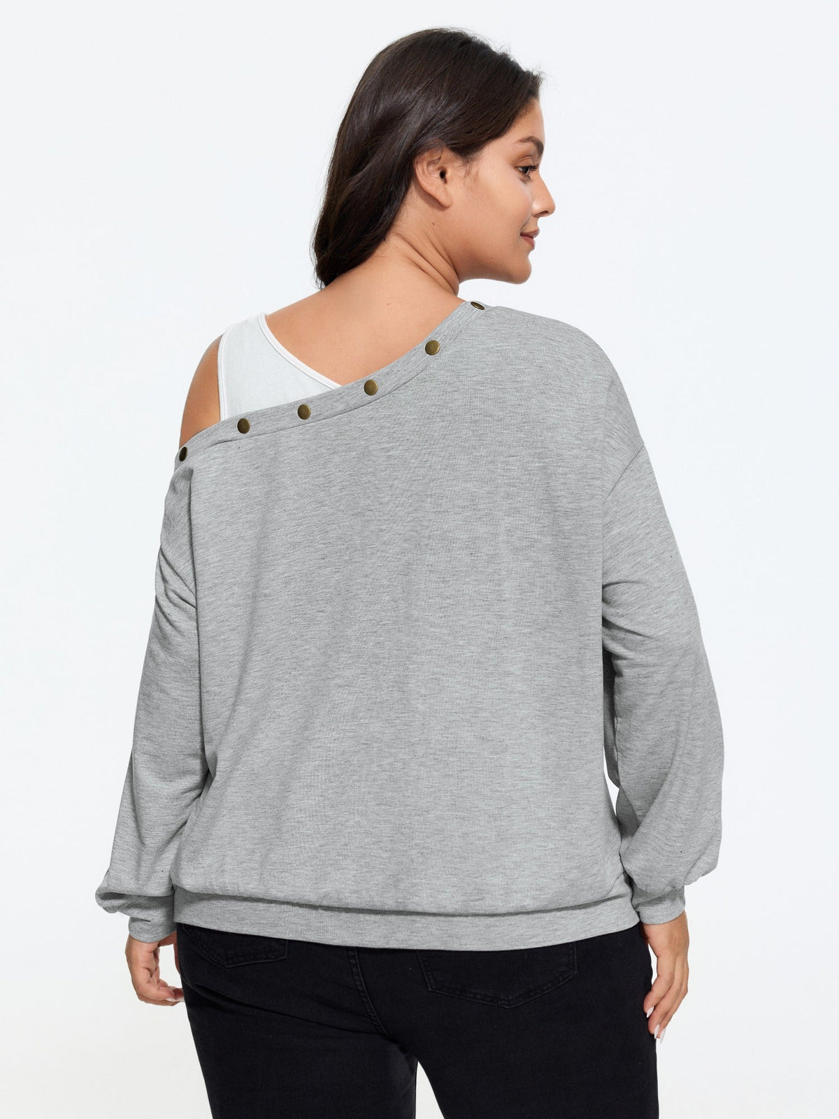Cotton One‑Shoulder Metal Rivet Decor Sweatshirt