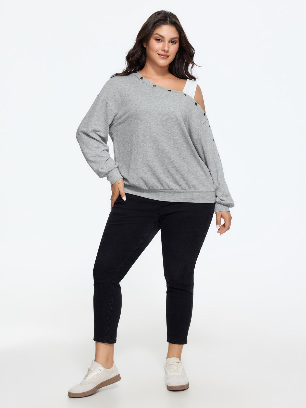 Cotton One‑Shoulder Metal Rivet Decor Sweatshirt