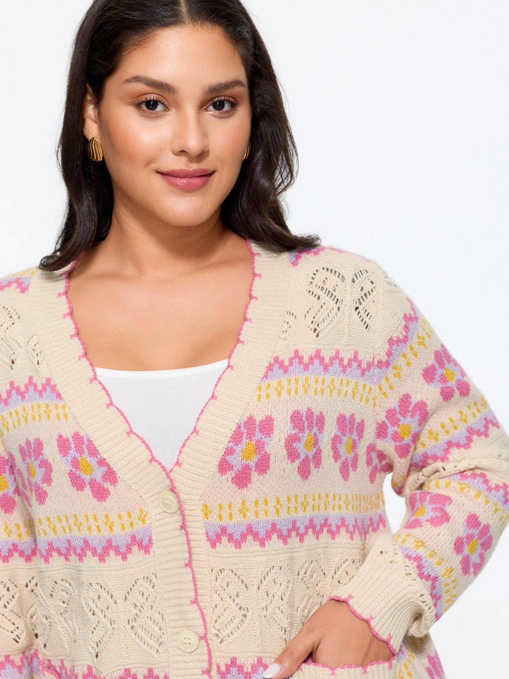 Floral Jacquard Pocket Cut Out Cardigan