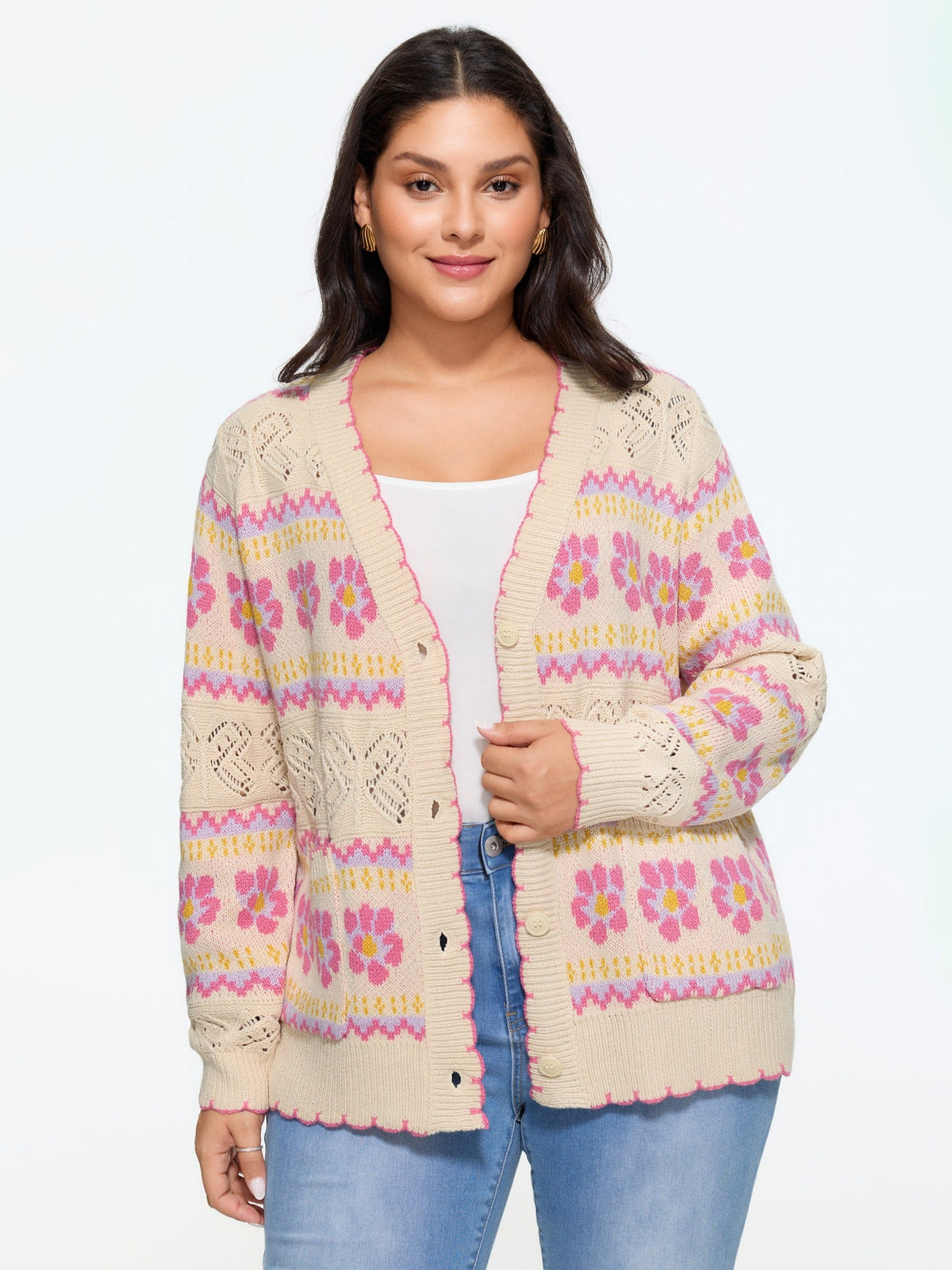 Floral Jacquard Pocket Cut Out Cardigan