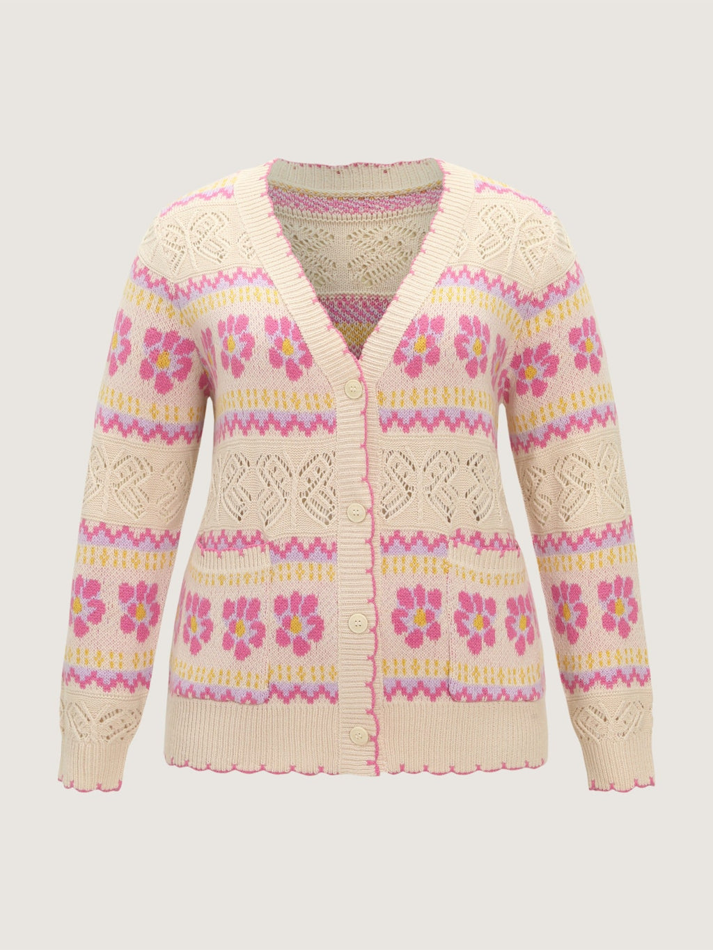 Floral Jacquard Pocket Cut Out Cardigan