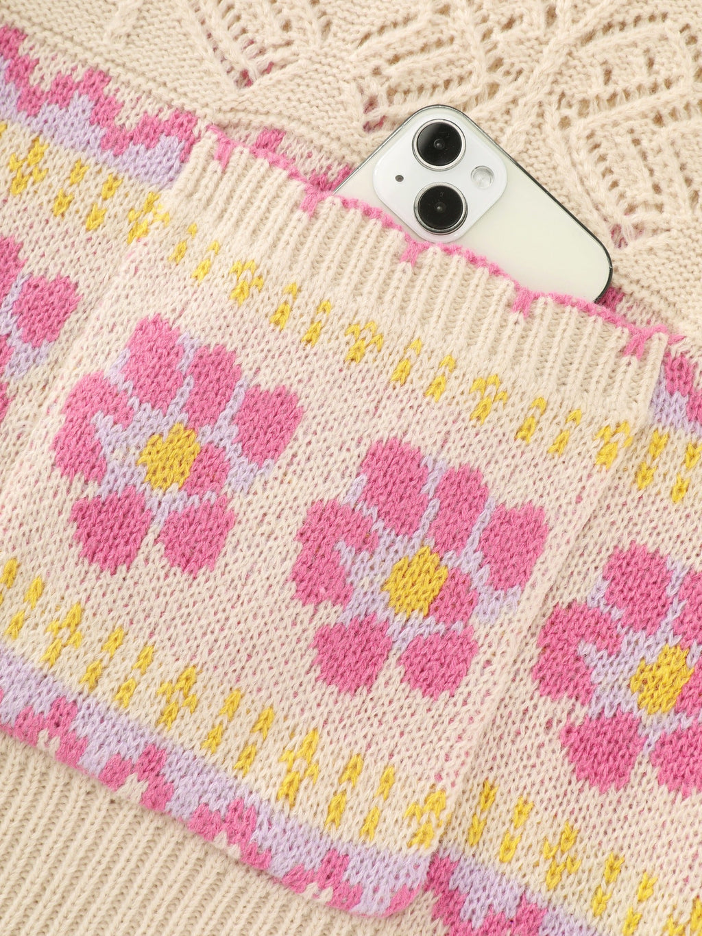 Floral Jacquard Pocket Cut Out Cardigan