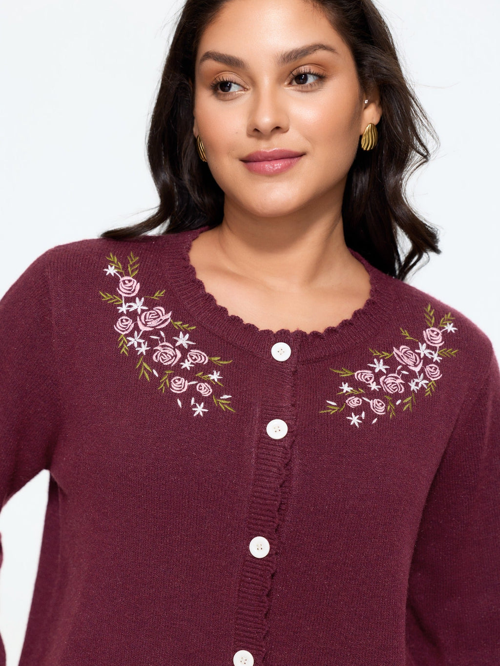 Floral Embroidered Scallop Trim Cardigan