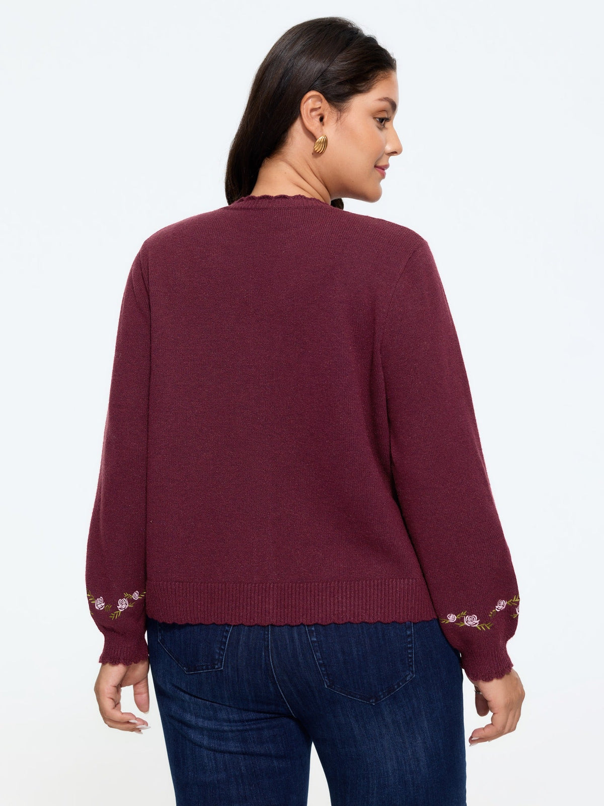 Floral Embroidered Scallop Trim Cardigan