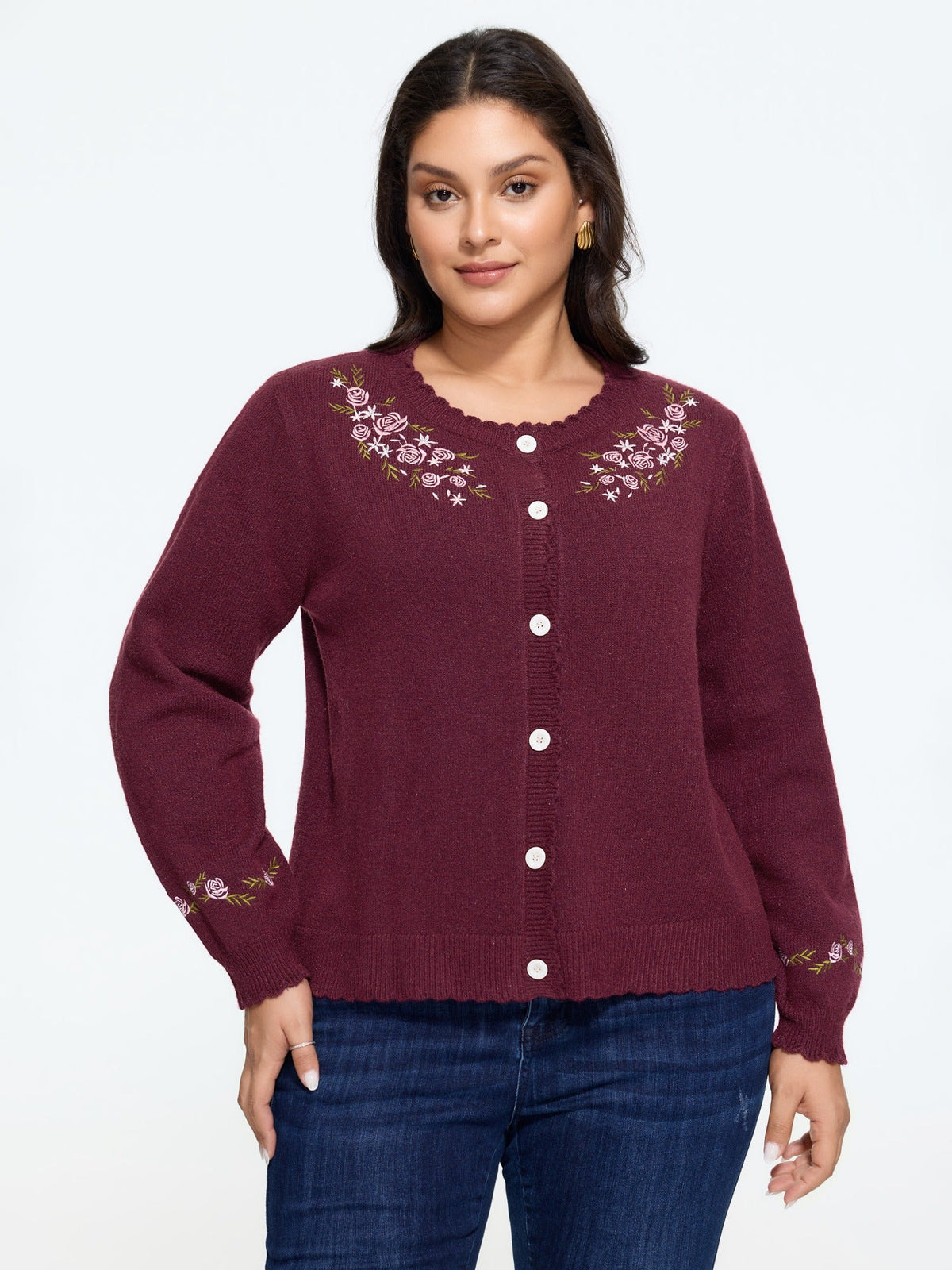 Floral Embroidered Scallop Trim Cardigan