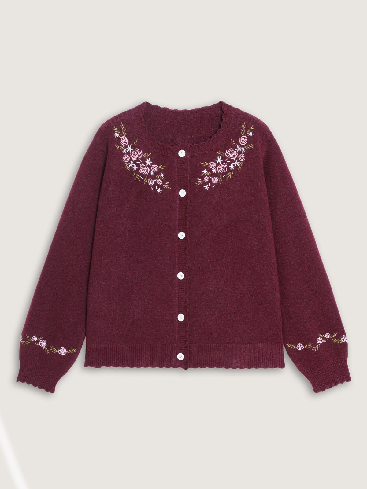 Floral Embroidered Scallop Trim Cardigan