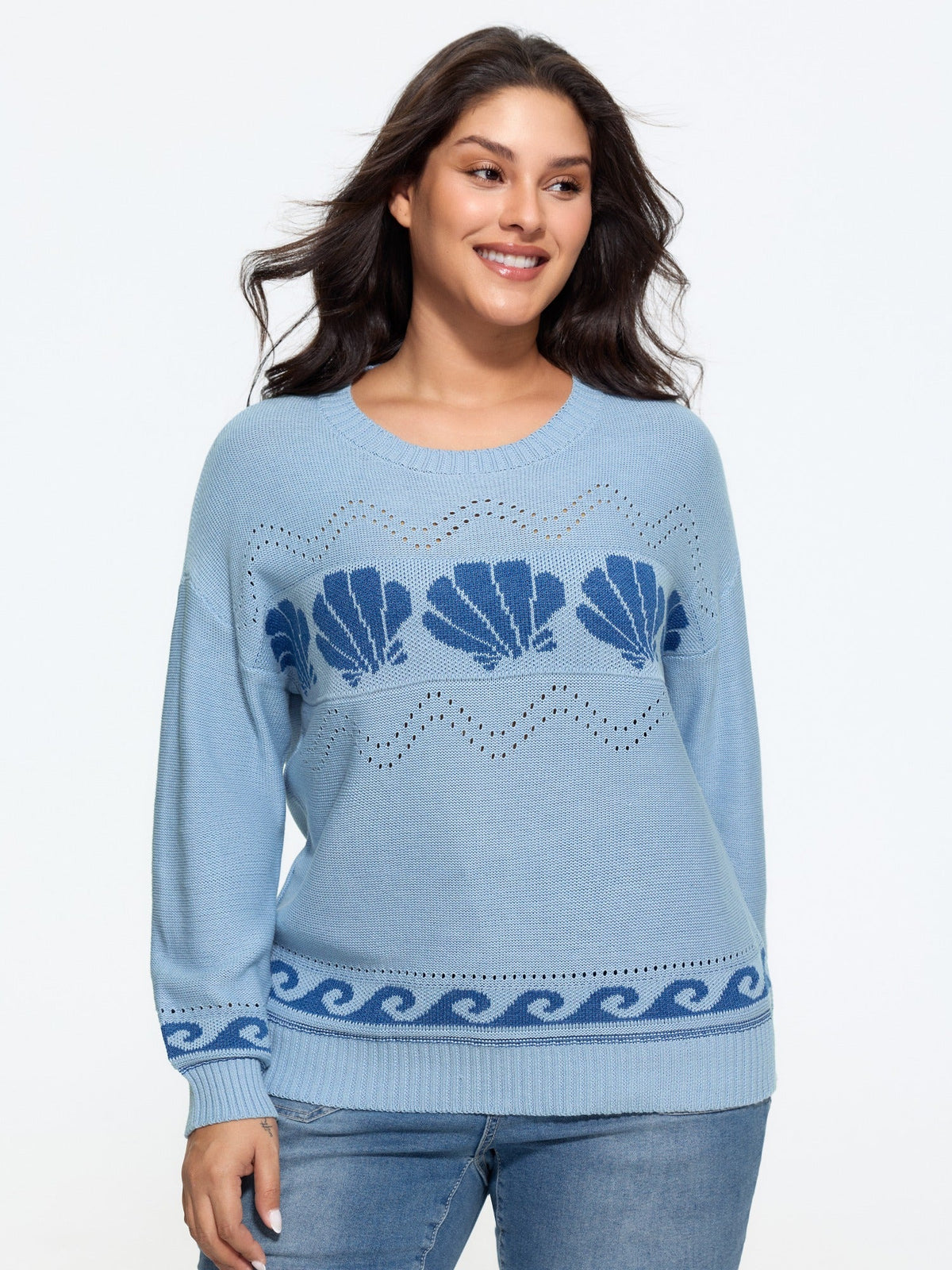 Seashell Wave Jacquard Cut Out Pullover