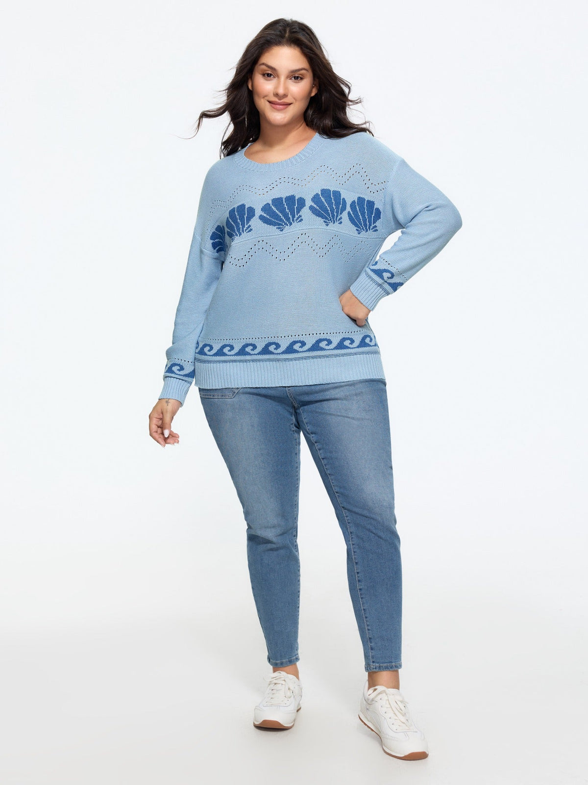 Seashell Wave Jacquard Cut Out Pullover