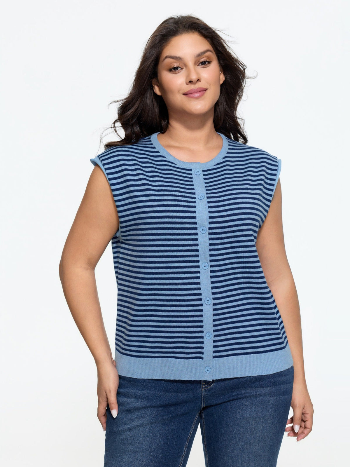 Striped Crew Neck Button‑Down Sweater Vest