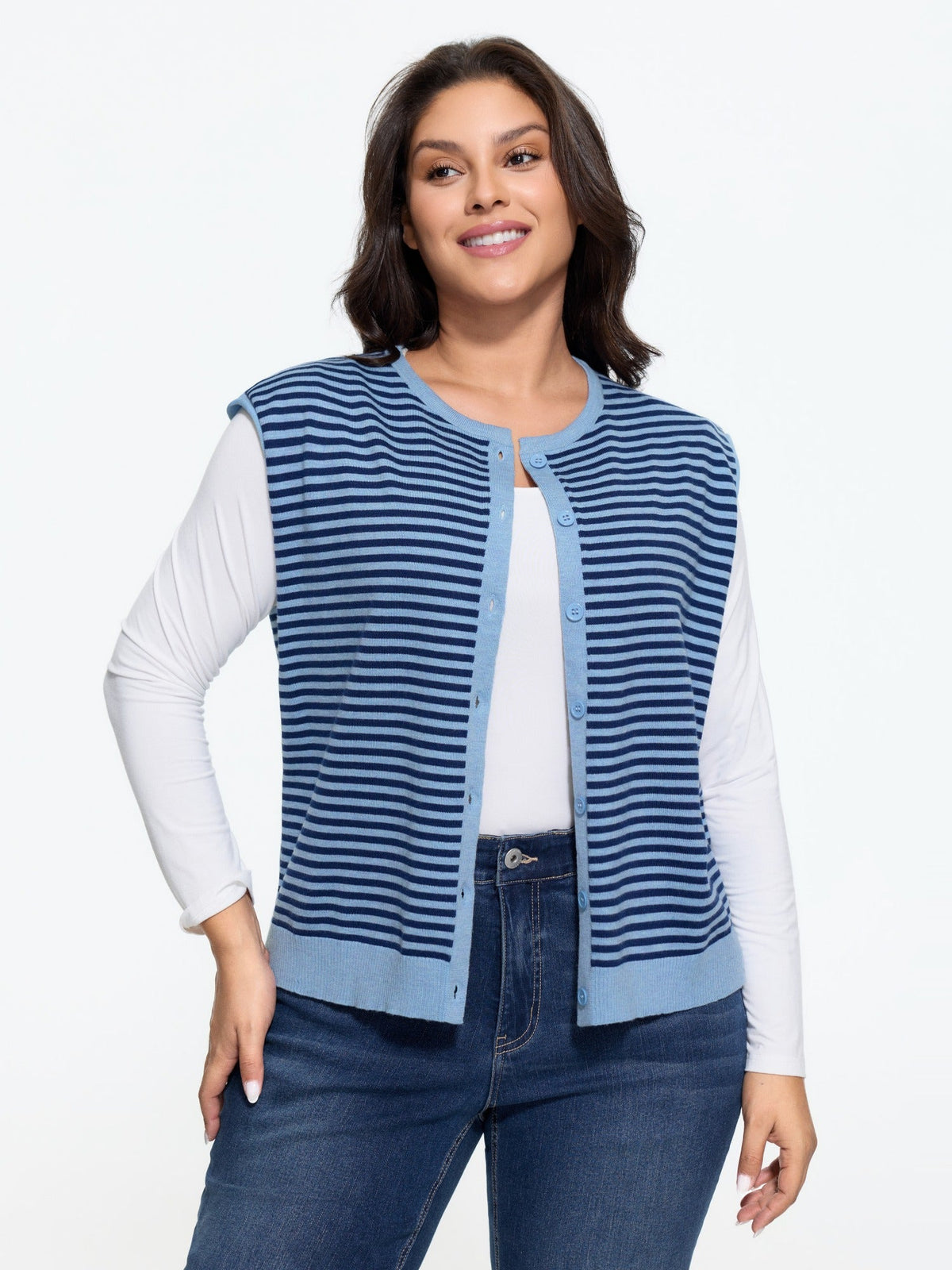 Striped Crew Neck Button‑Down Sweater Vest
