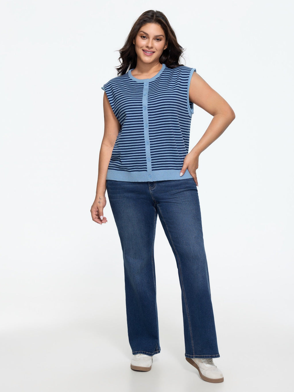 Striped Crew Neck Button‑Down Sweater Vest
