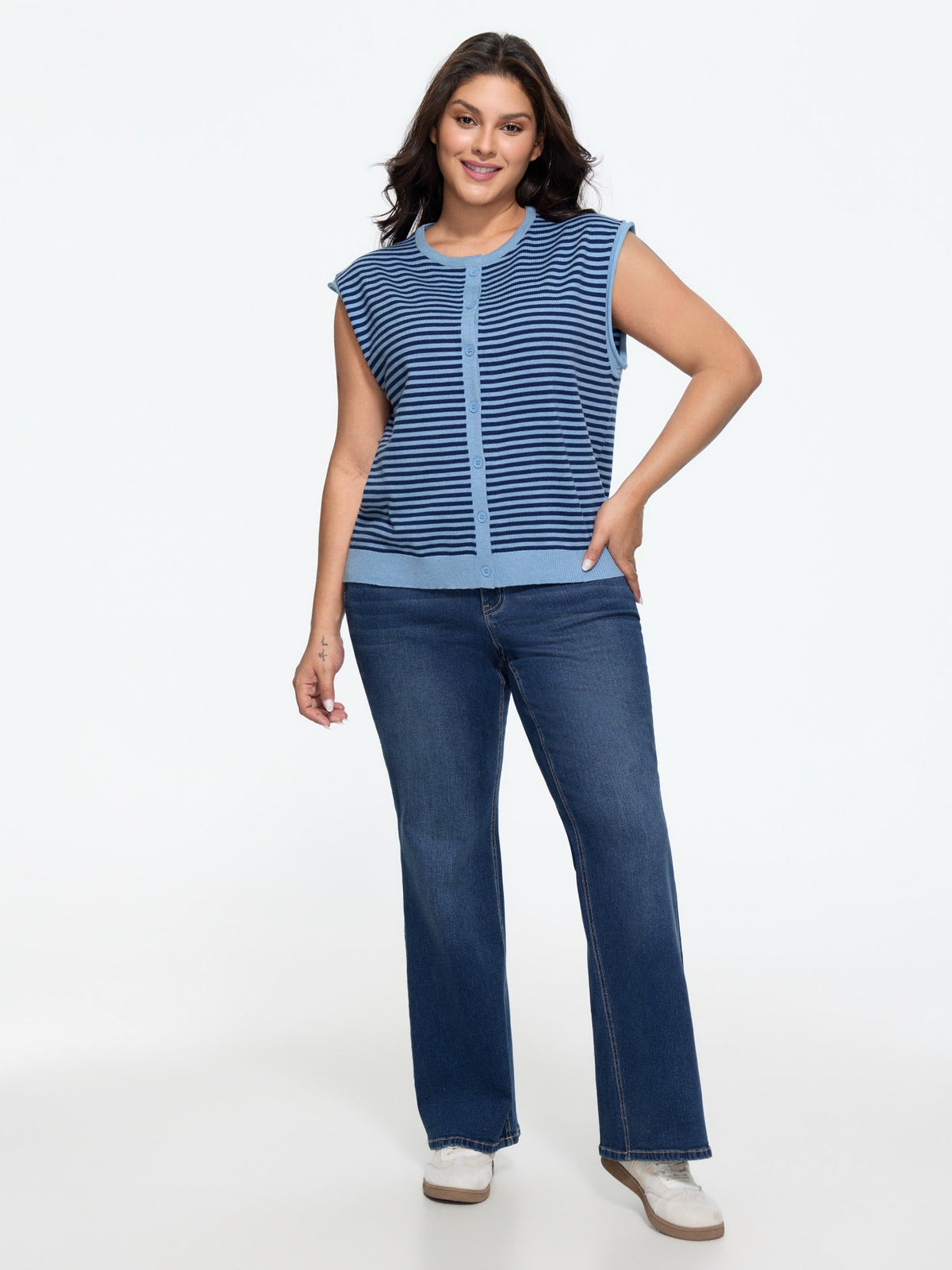 Striped Crew Neck Button‑Down Sweater Vest