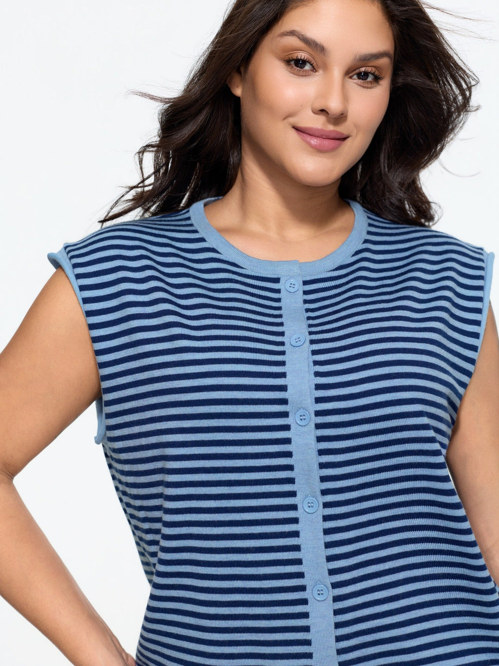 Striped Crew Neck Button‑Down Sweater Vest