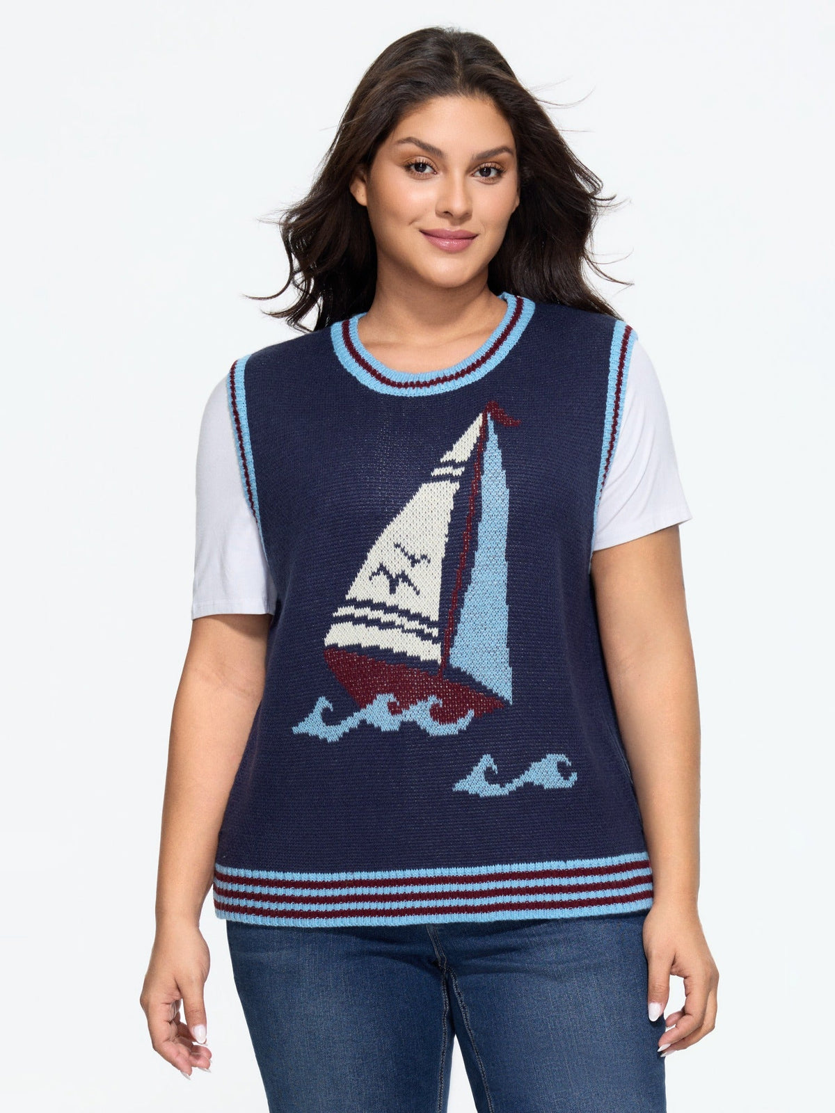 Crew Neck Sailboat Wave Jacquard Sweater Vest