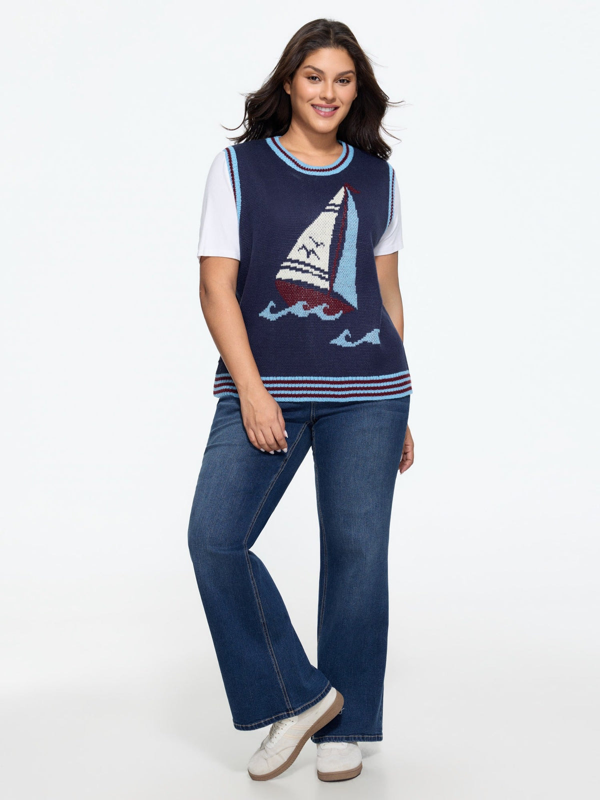Crew Neck Sailboat Wave Jacquard Sweater Vest