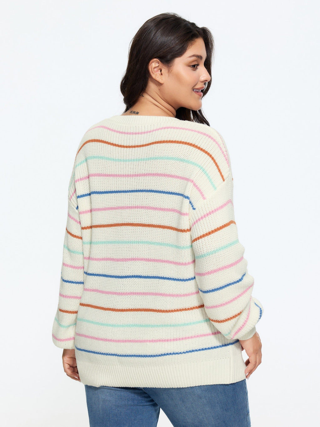 Rainbow Stripe Cut Out Drop‑Shoulder Pullover