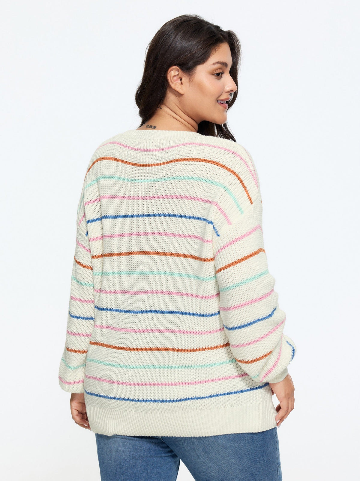 Rainbow Stripe Cut Out Drop‑Shoulder Pullover