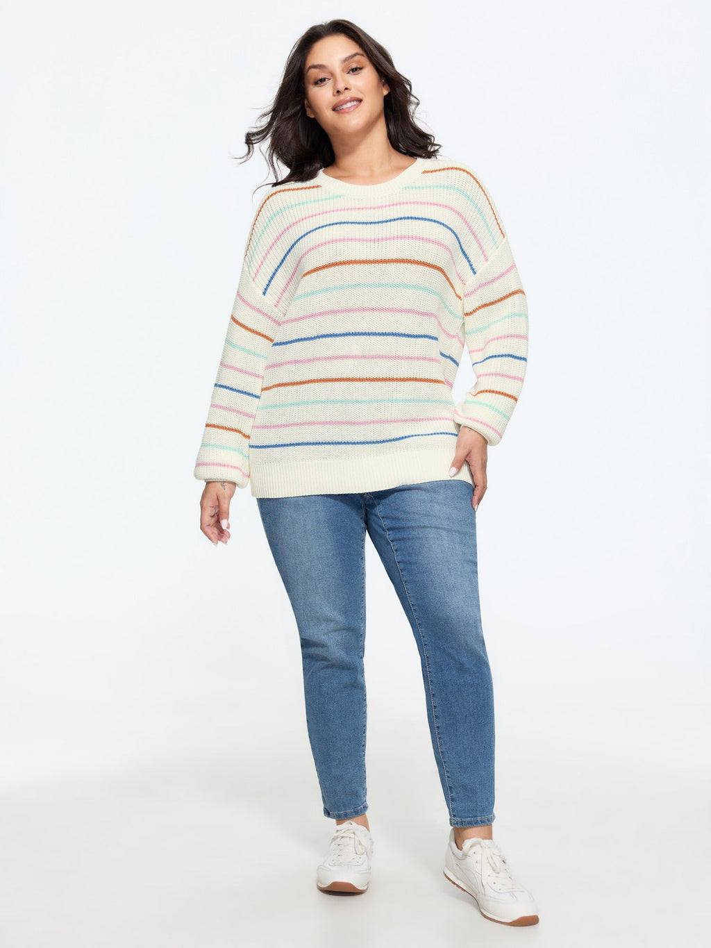 Rainbow Stripe Cut Out Drop‑Shoulder Pullover