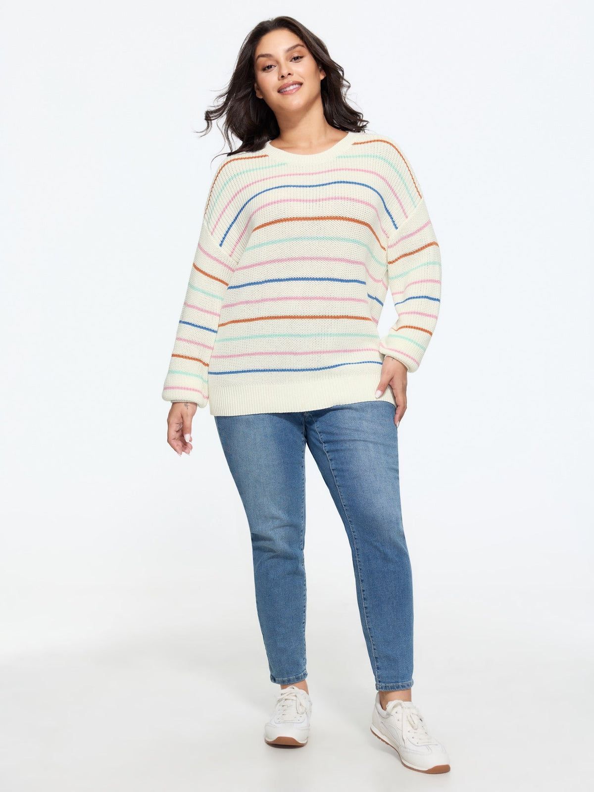 Rainbow Stripe Cut Out Drop‑Shoulder Pullover