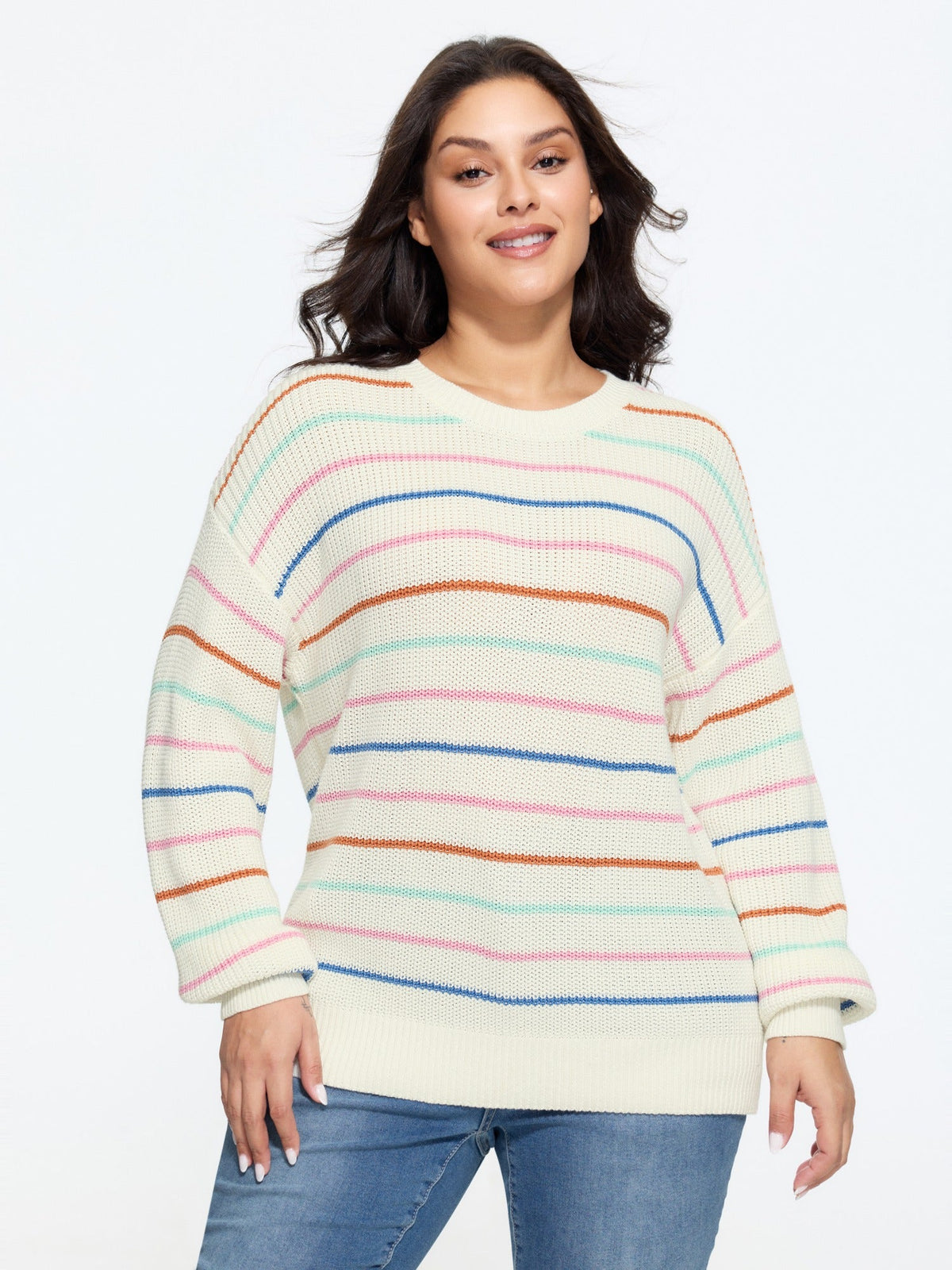 Rainbow Stripe Cut Out Drop‑Shoulder Pullover