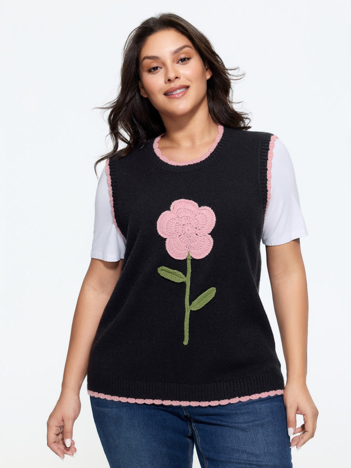 Supersoft Textured Crochet Floral Applique Sweater Vest