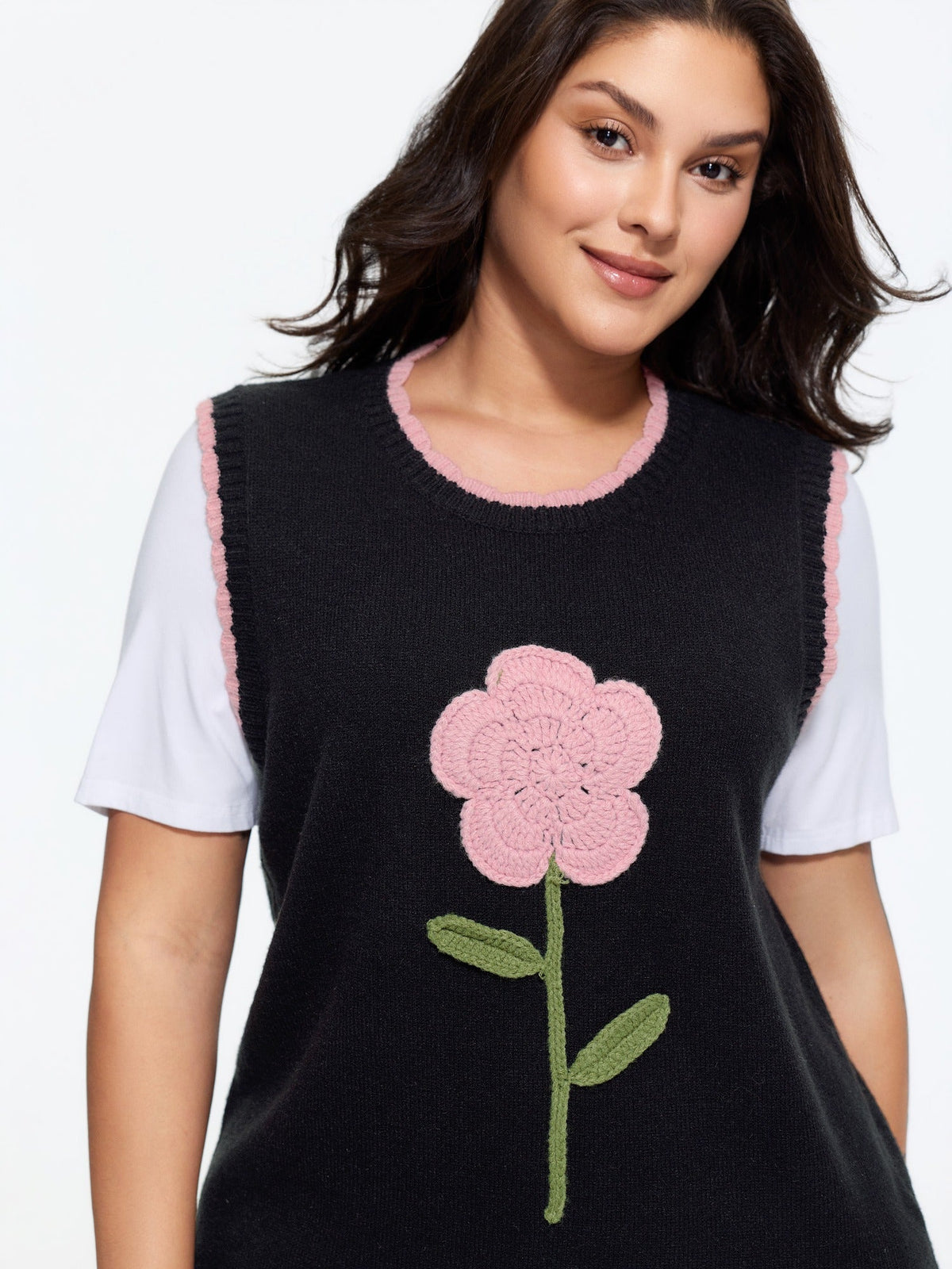 Supersoft Textured Crochet Floral Applique Sweater Vest