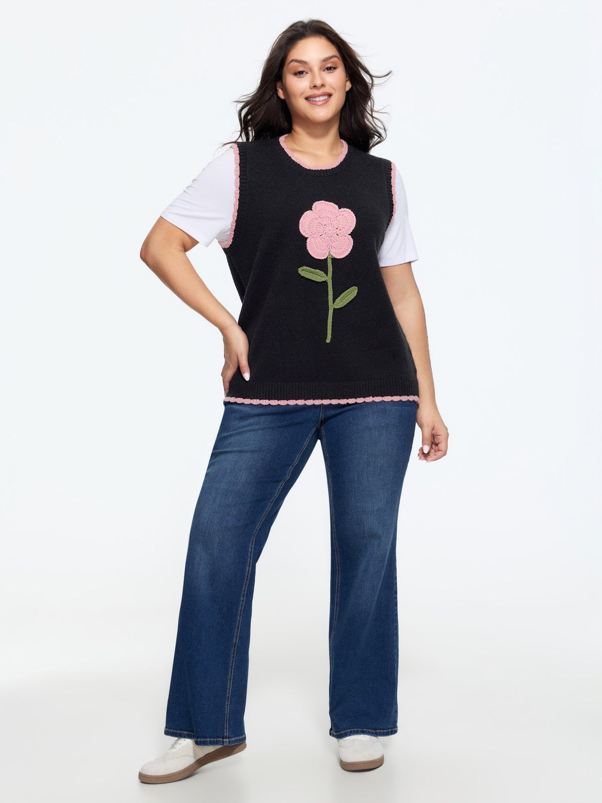 Supersoft Textured Crochet Floral Applique Sweater Vest