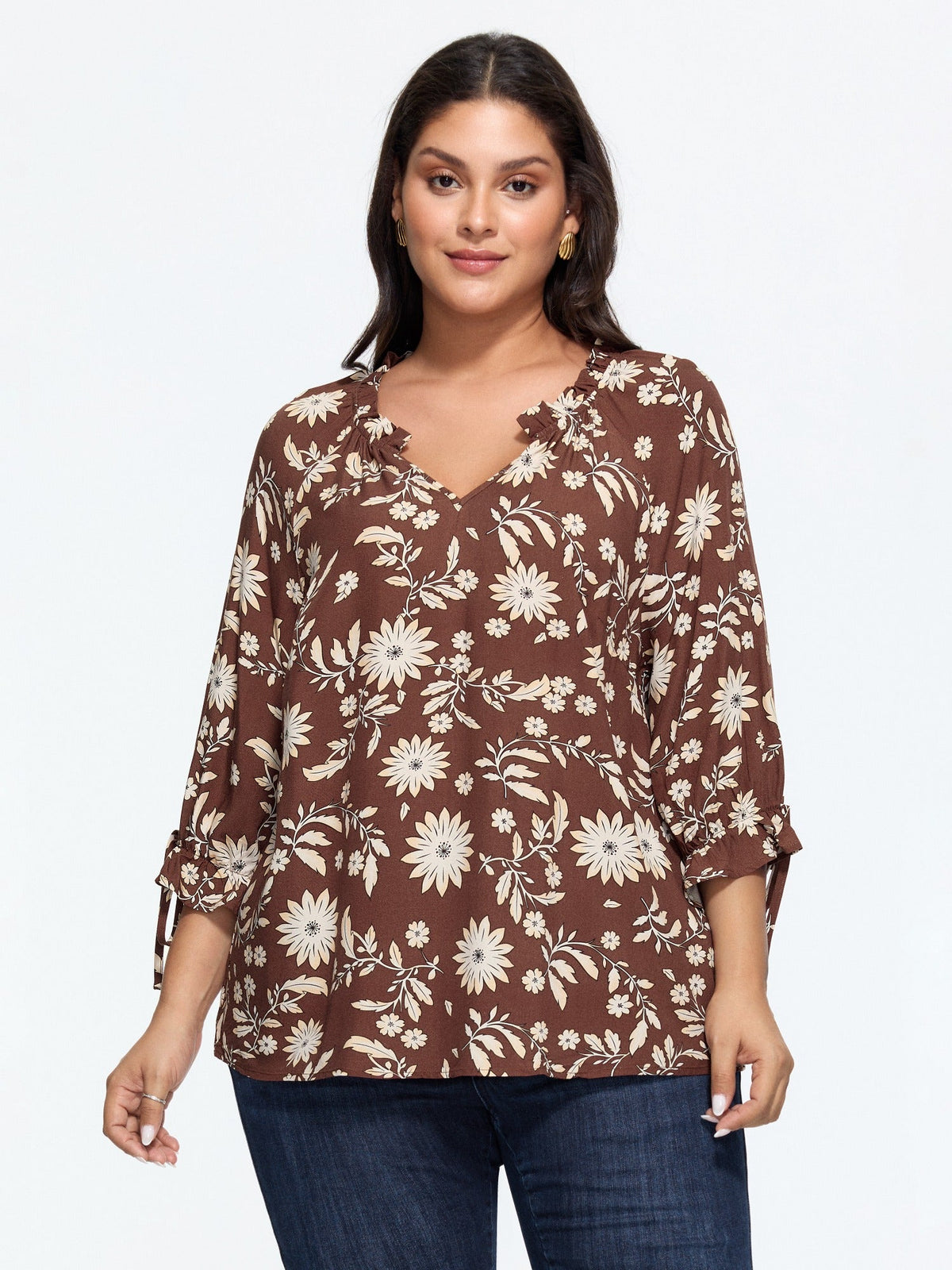Floral Print Tie Cuffs Blouse