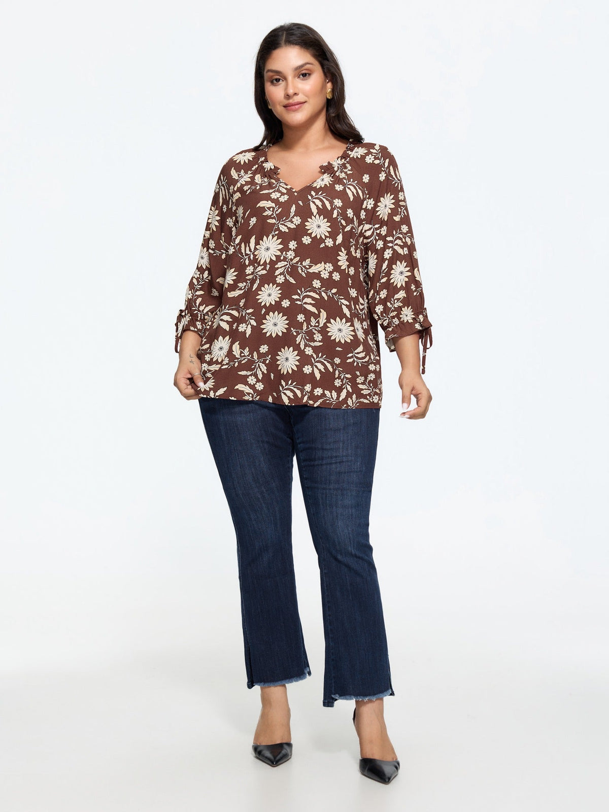 Floral Print Tie Cuffs Blouse