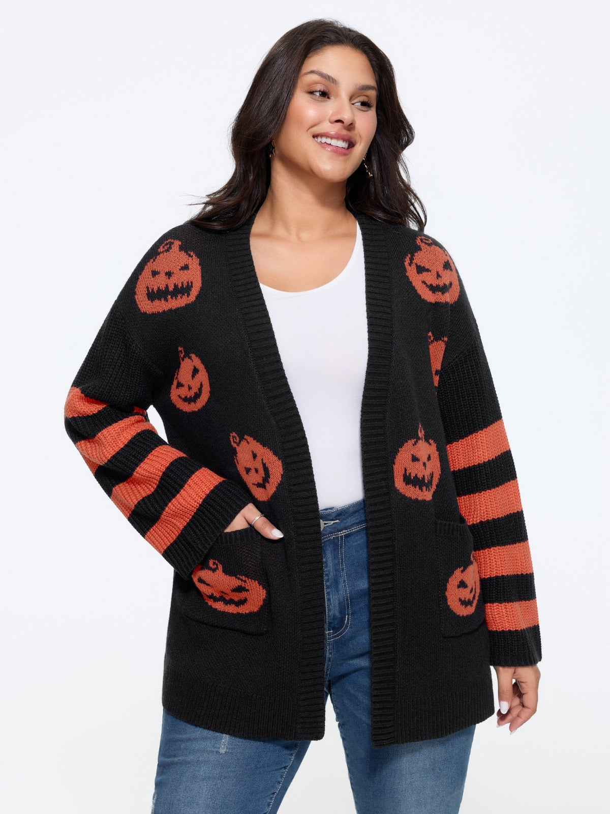 Jack‑O‑Lantern Jacquard Pocket Open‑Front Cardigan