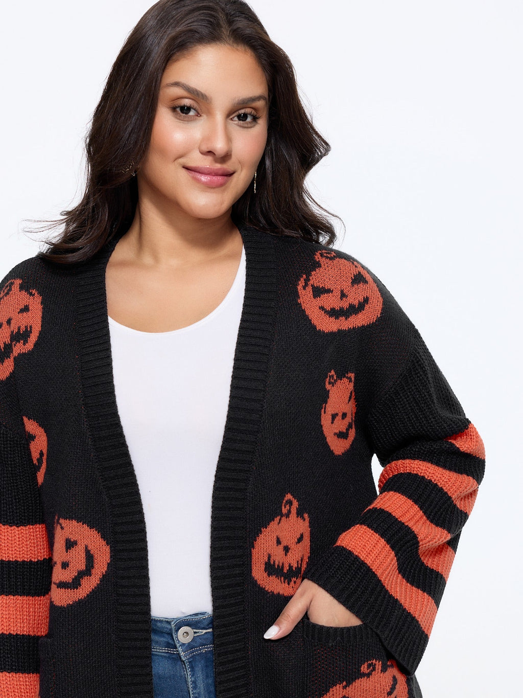 Jack‑O‑Lantern Jacquard Pocket Open‑Front Cardigan