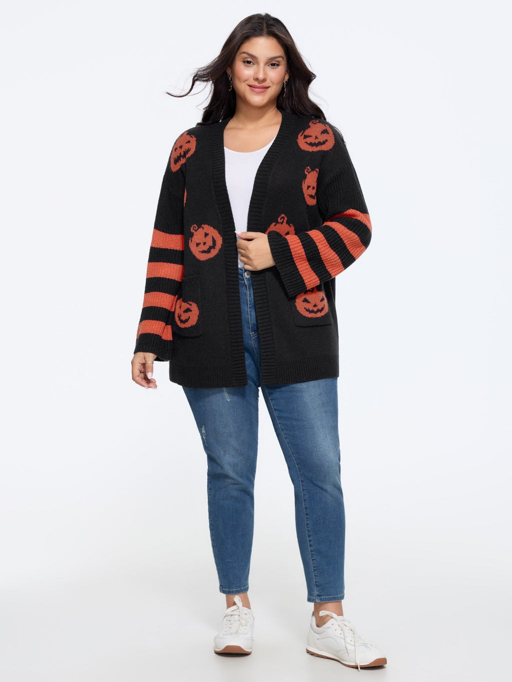 Jack‑O‑Lantern Jacquard Pocket Open‑Front Cardigan