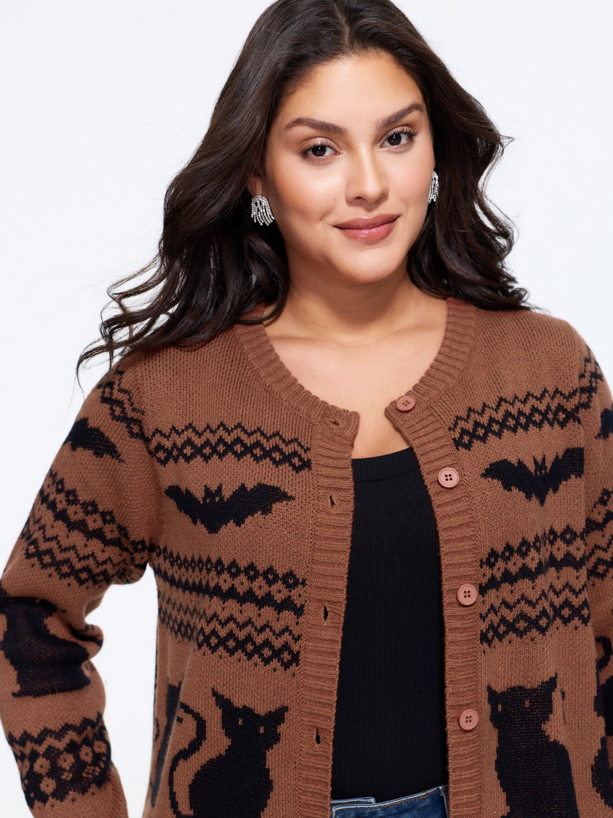 Cat Bat Geometric Jacquard Button Front Cardigan
