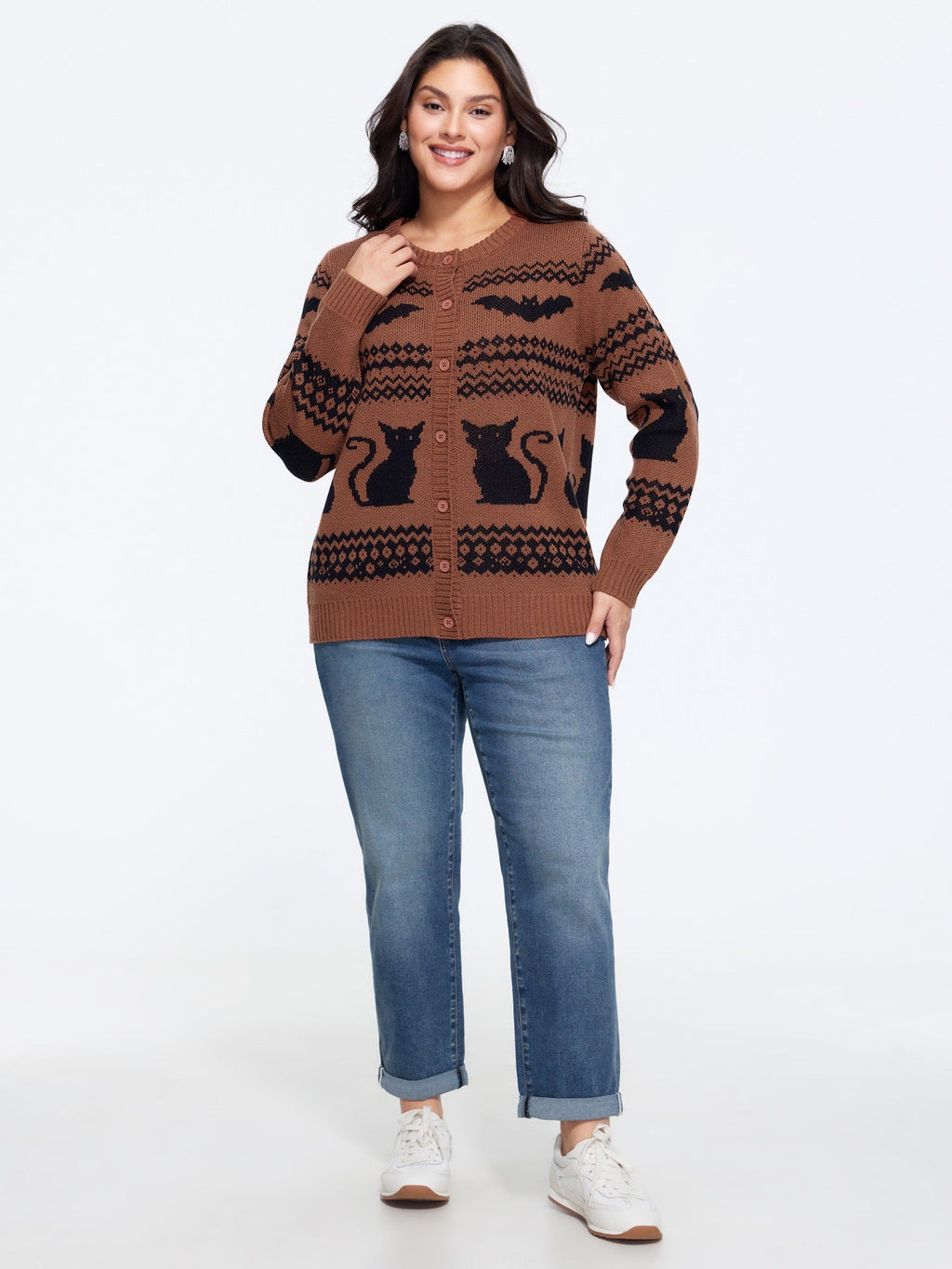 Cat Bat Geometric Jacquard Button Front Cardigan