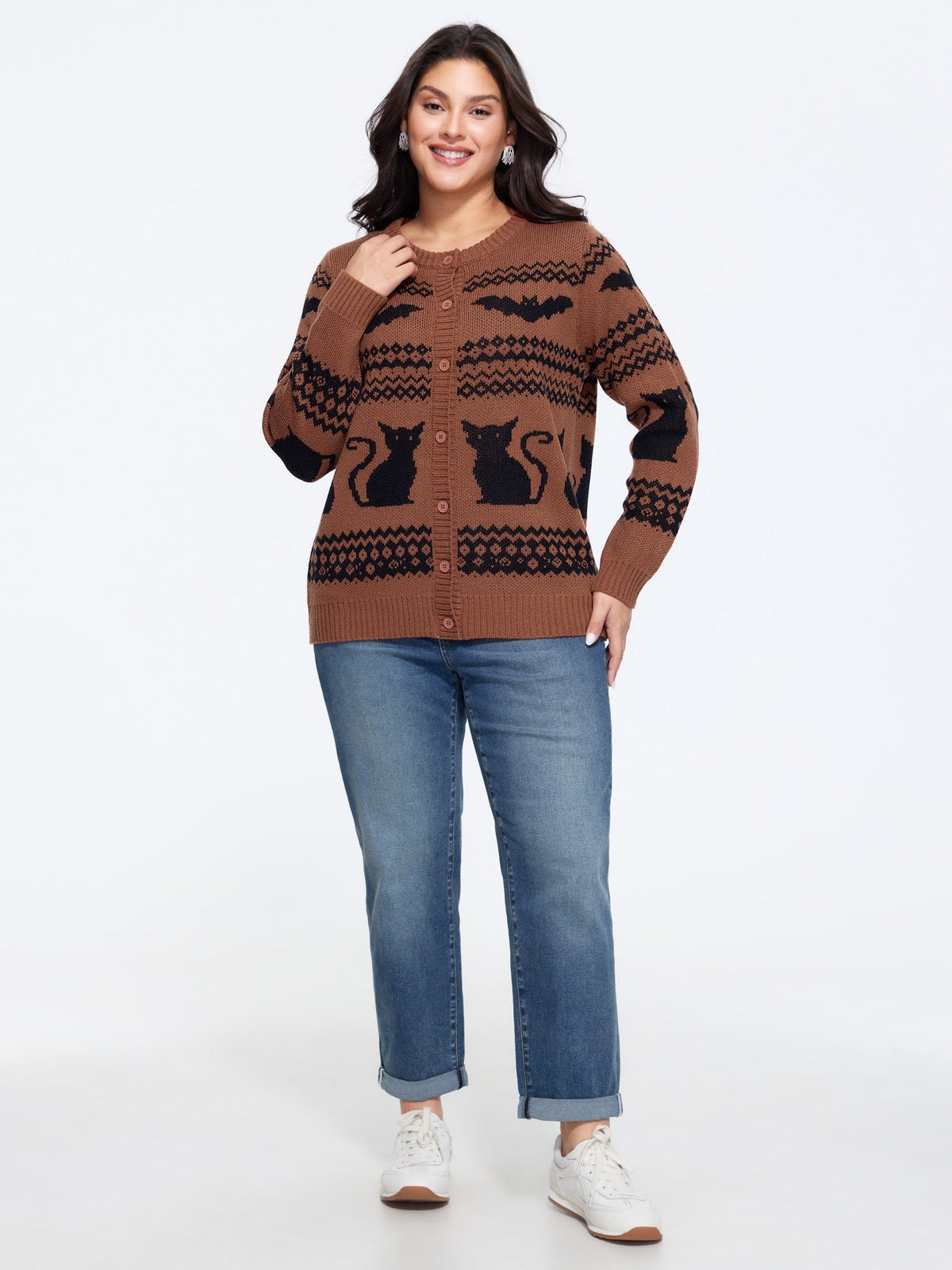 Cat Bat Geometric Jacquard Button Front Cardigan