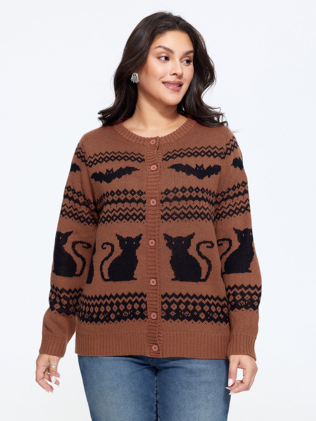 Cat Bat Geometric Jacquard Button Front Cardigan
