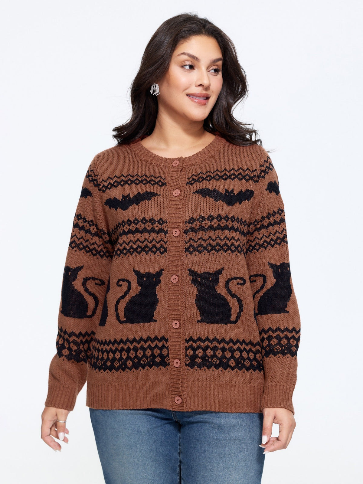 Cat Bat Geometric Jacquard Button Front Cardigan