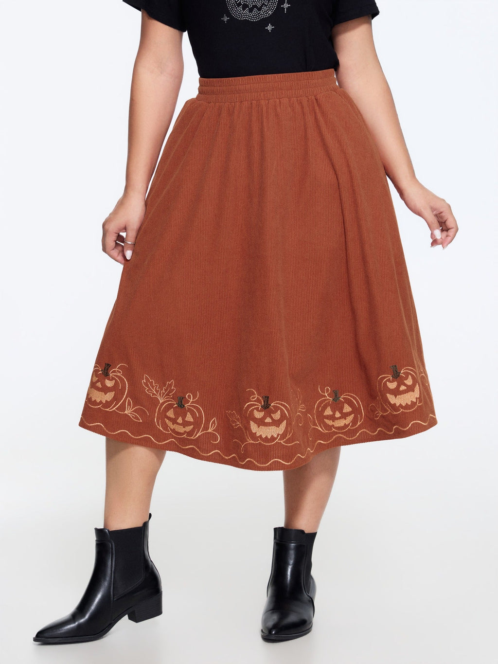 Stretch Pumpkin Embroidery Halloween Midi Skirt
