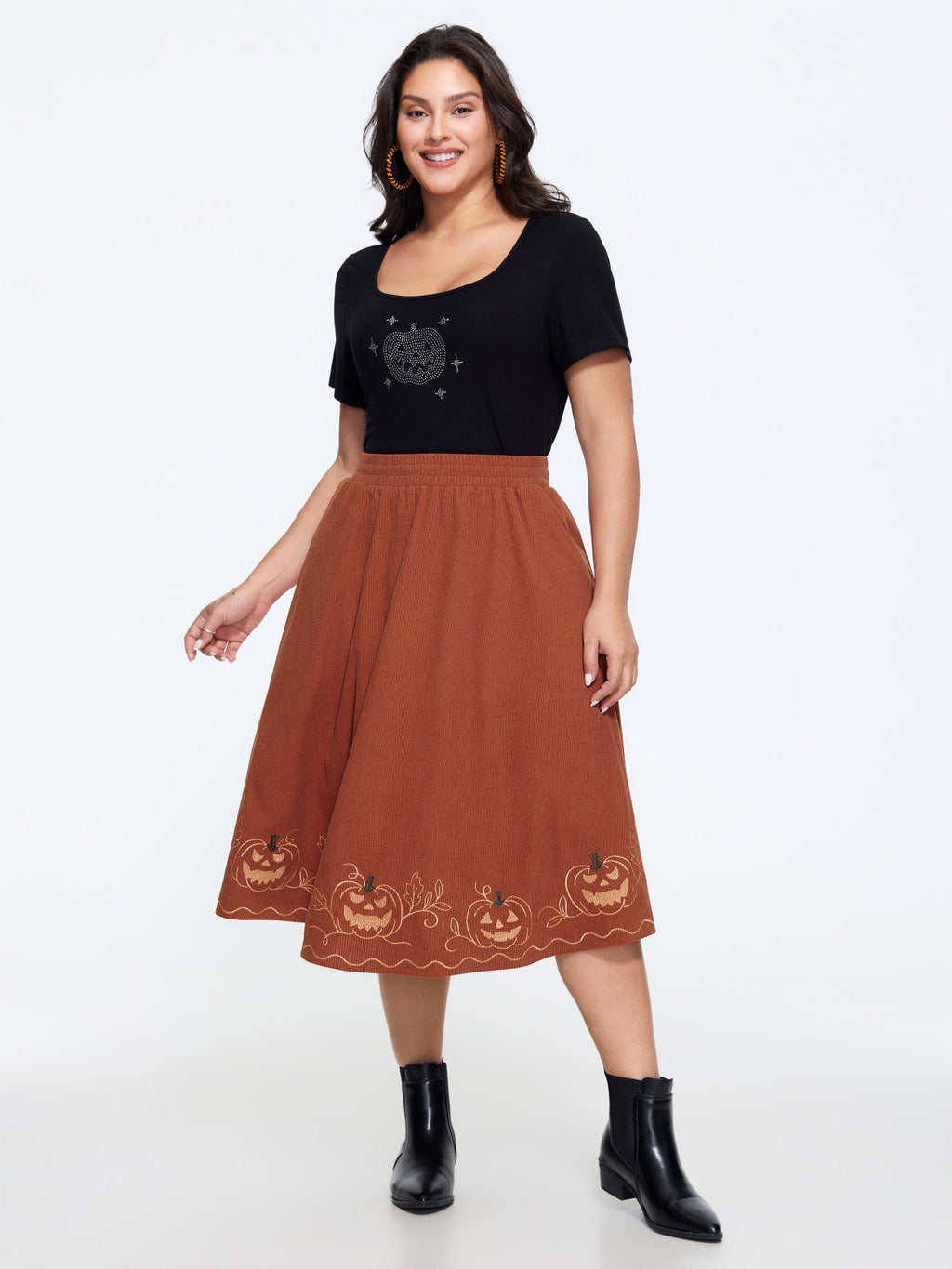 Stretch Pumpkin Embroidery Halloween Midi Skirt