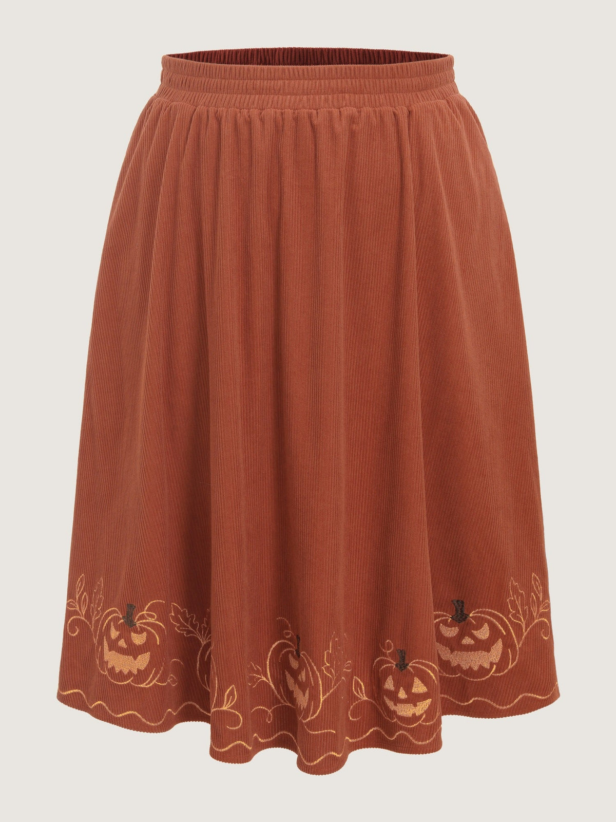 Stretch Pumpkin Embroidery Halloween Midi Skirt