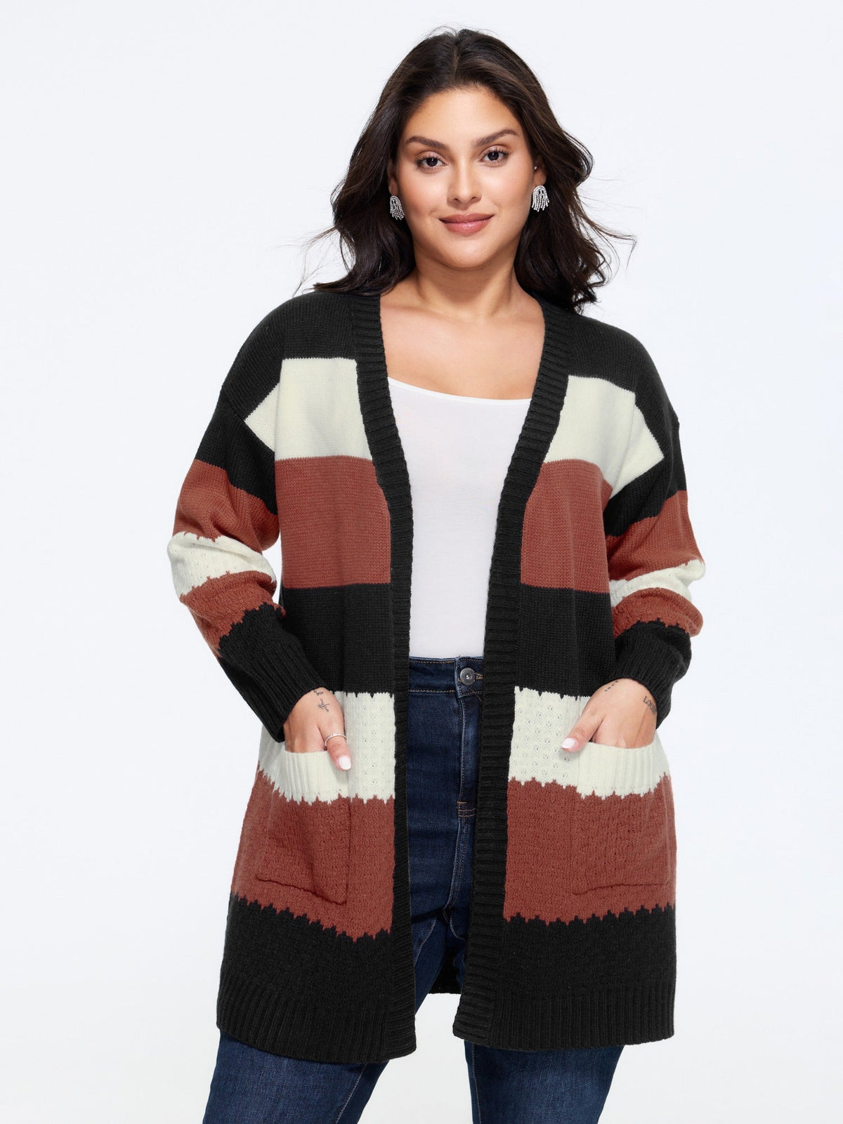 Color‑Block Stripe Pocket Open Front Cardigan