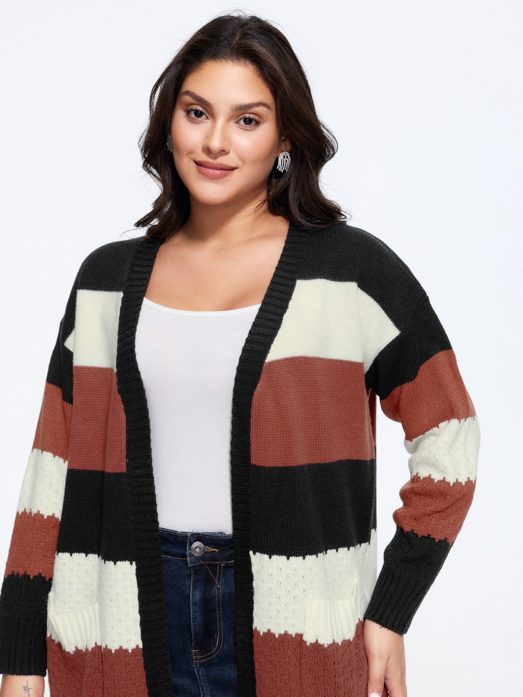 Color‑Block Stripe Pocket Open Front Cardigan