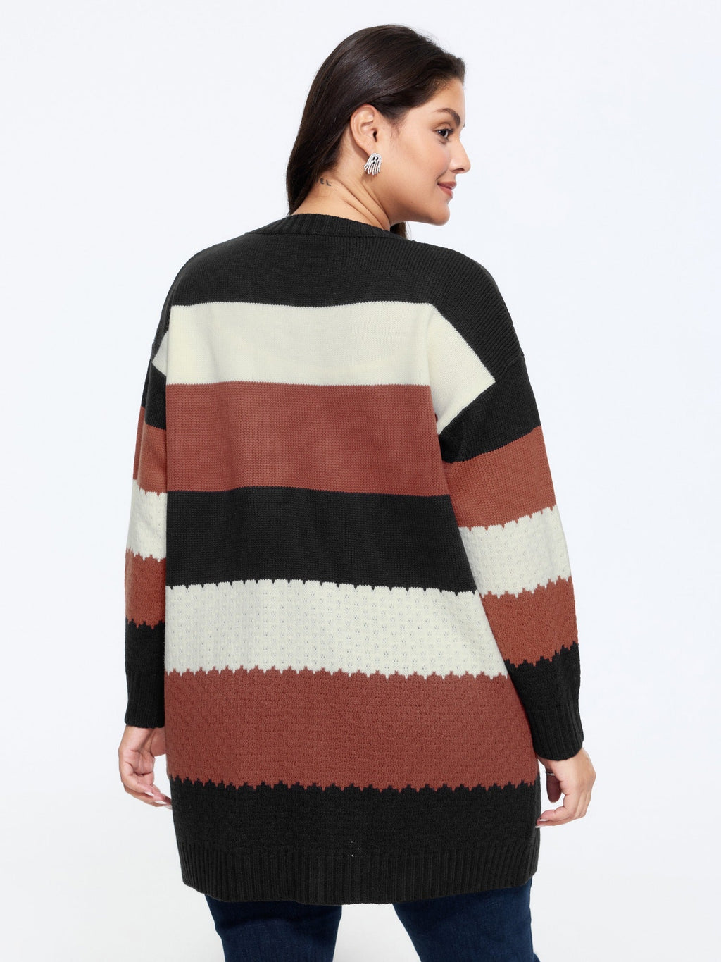 Color‑Block Stripe Pocket Open Front Cardigan