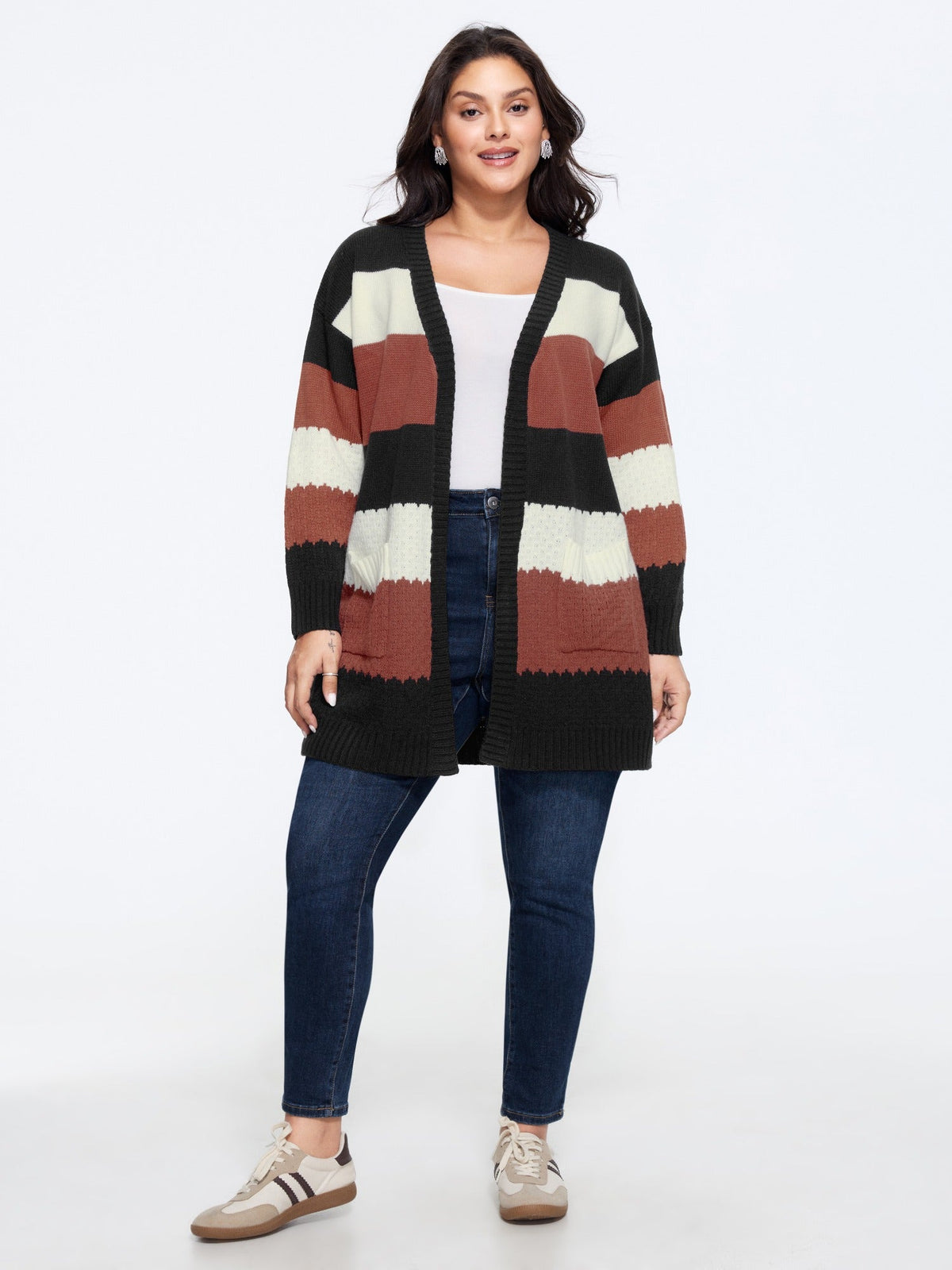 Color‑Block Stripe Pocket Open Front Cardigan