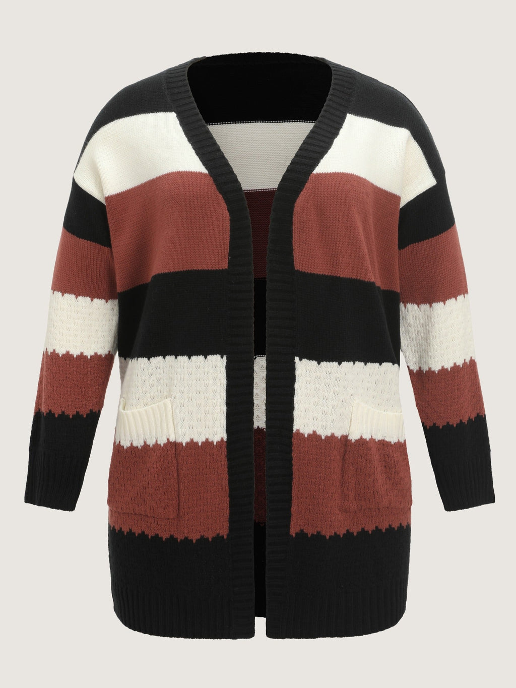Color‑Block Stripe Pocket Open Front Cardigan