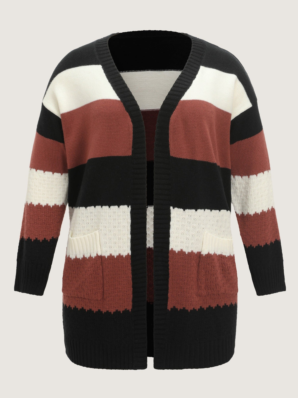 Color‑Block Stripe Pocket Open Front Cardigan