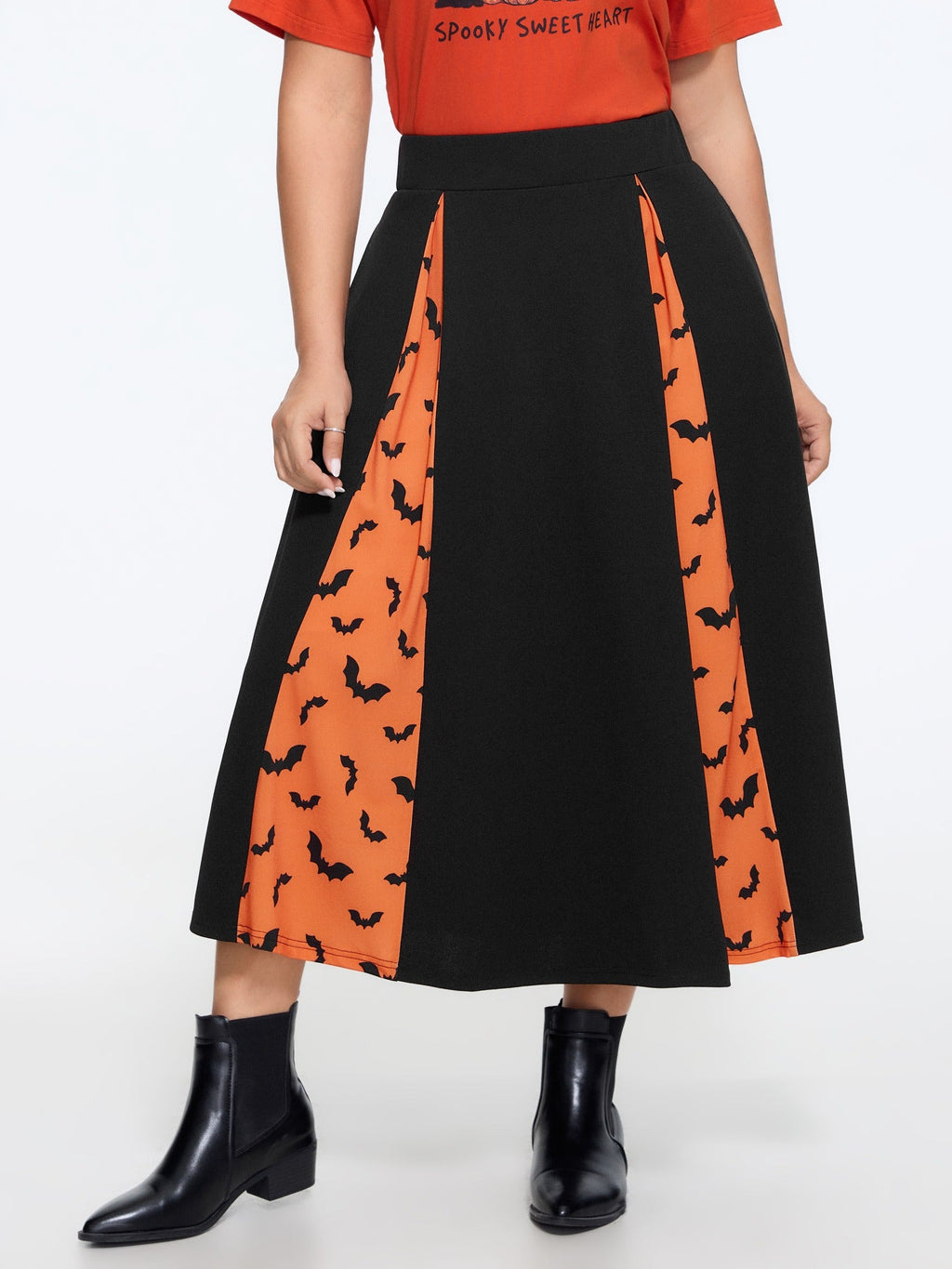 Halloween Bat Print Colorblock Pleated Midi Skirt