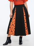 Halloween Bat Print Colorblock Pleated Midi Skirt