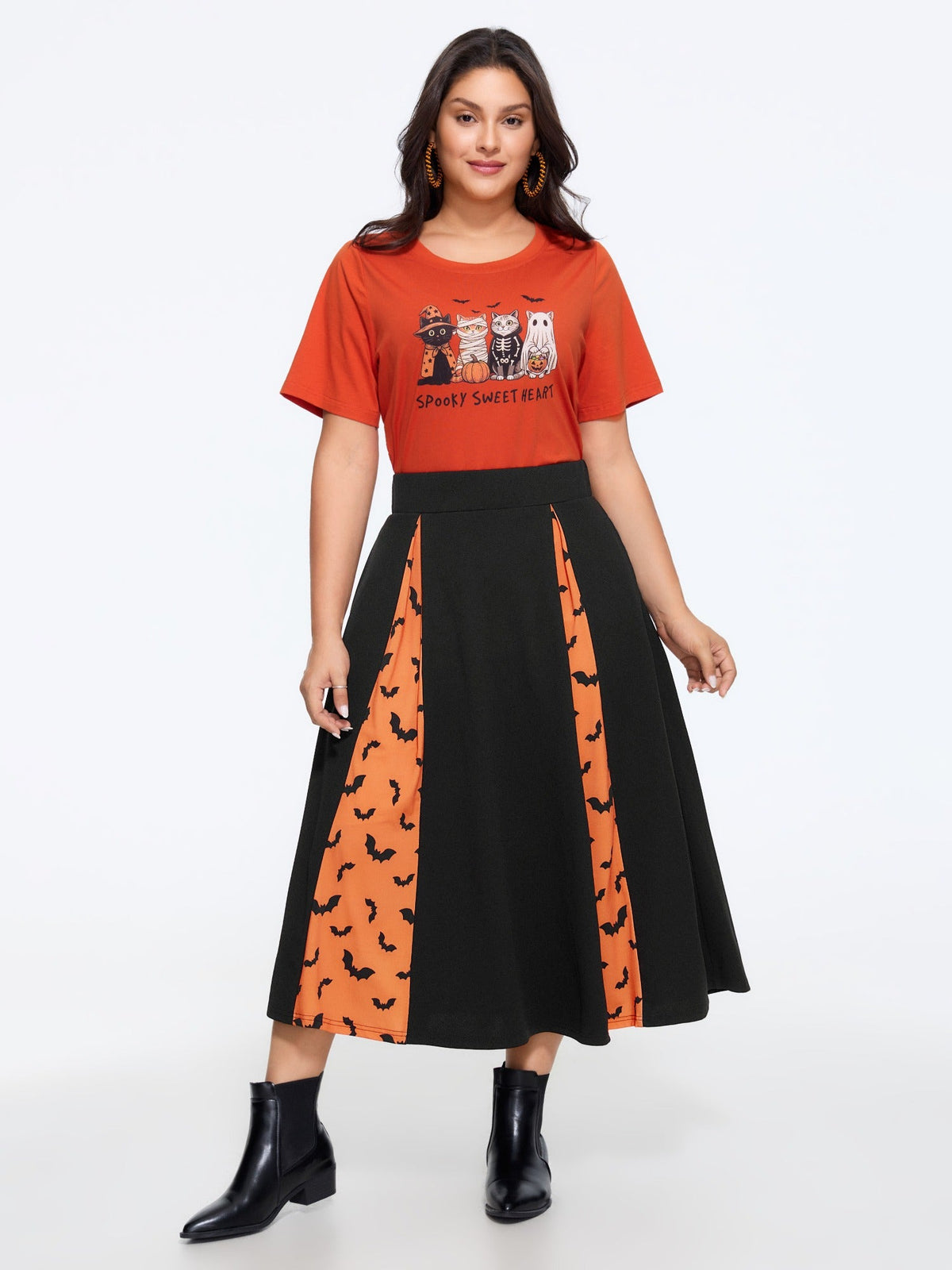 Halloween Bat Print Colorblock Pleated Midi Skirt